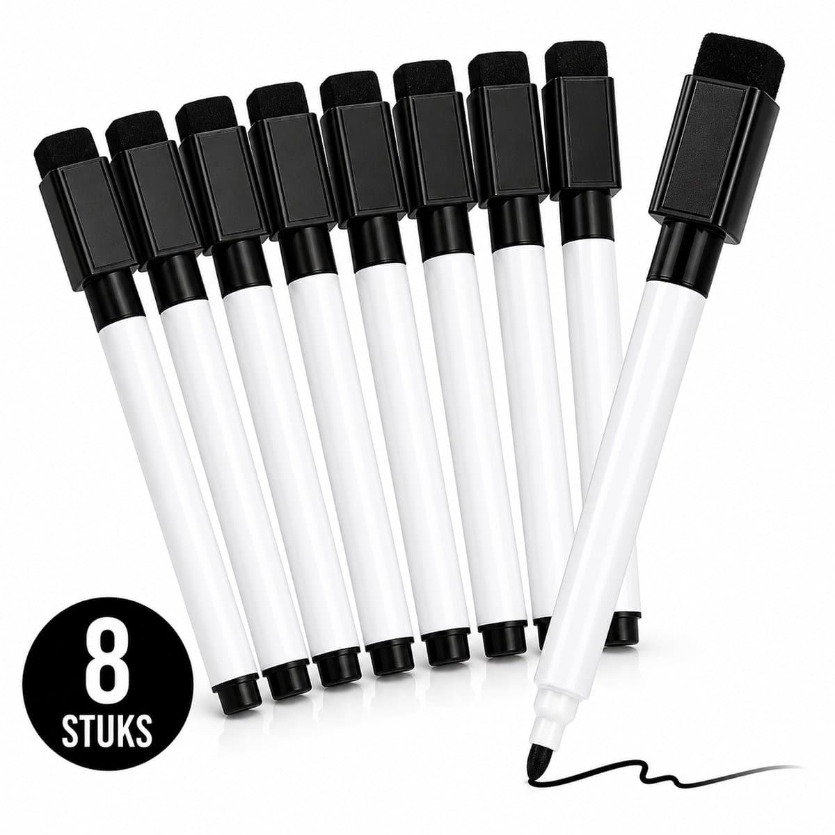 BlackBear Whiteboard Stiften Zwart – 8 stuks – Magnetisch – Met Wisser – Whiteboardmarkers Zwart Set voor School, Kantoor en Thuis (EAN: 8720634752299)