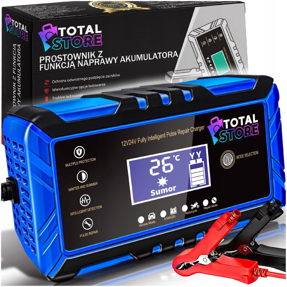 Totaltore PRO - Automatische Acculader - Reparatiefunctie - 12V/24V - Snel LCD-scherm (EAN: 5906555628445)