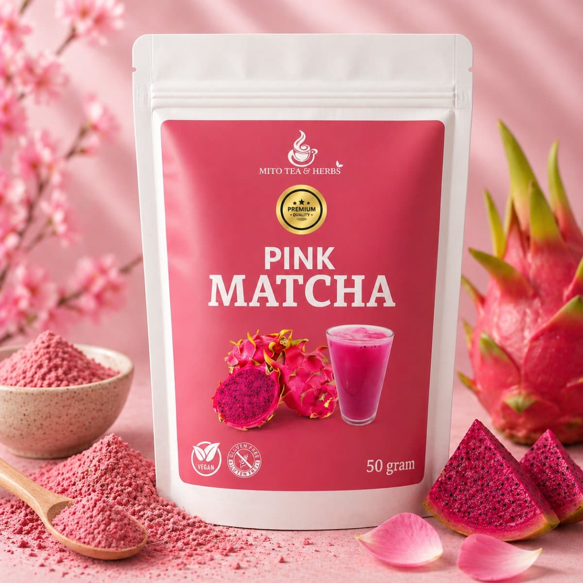 Premium Pink Matcha Thee - 50 Gram - Cafeïne Vrij - Pitaya Dragonfruit Poeder - Rijk aan Vezels - Matcha Latte - Roze Matcha (EAN: 8720865386133)