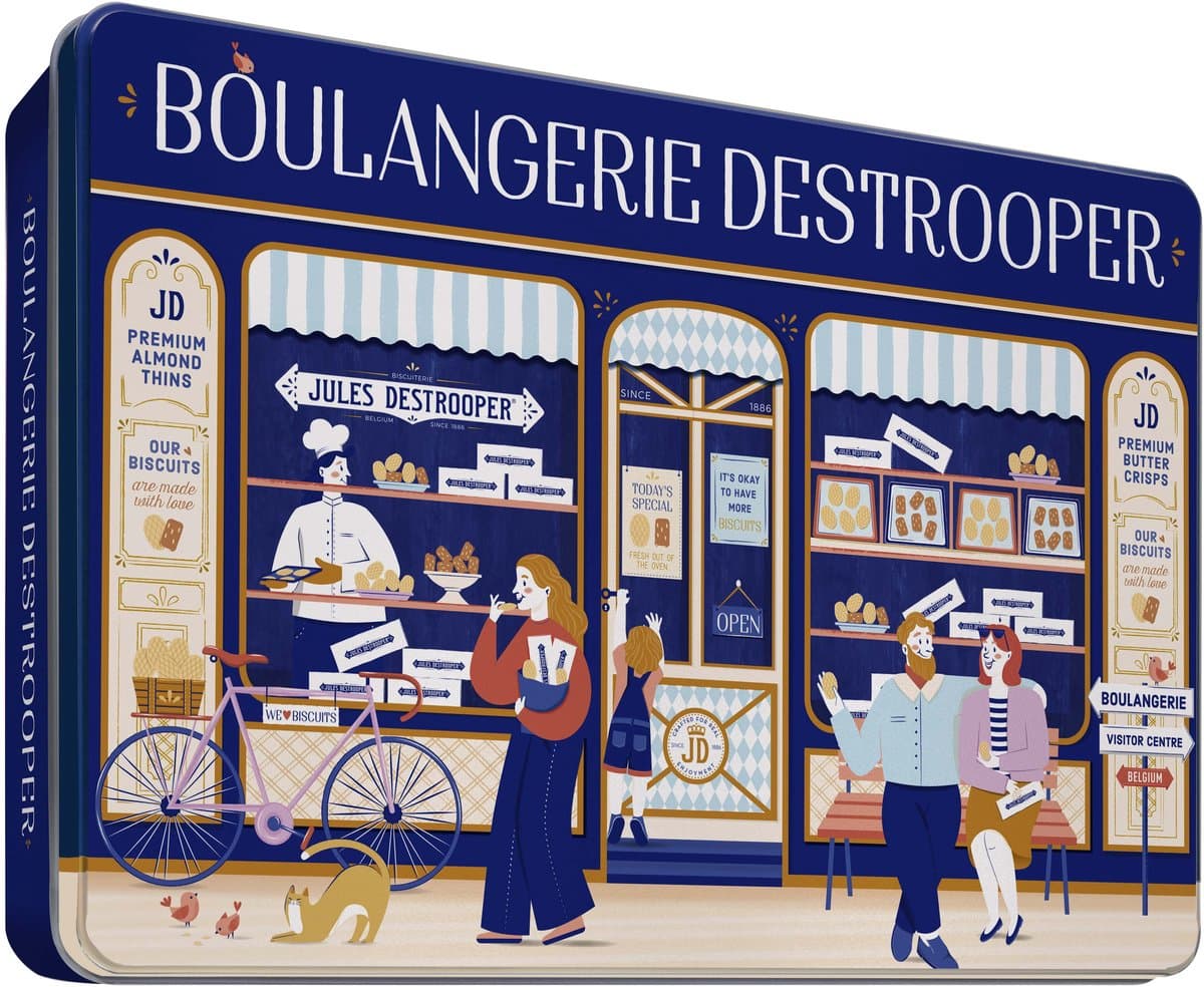 Jules Destrooper Koektrommel met Koekjes 350 g - Retro Koekjestrommel luchtdicht met koekjesmix van Natuurboterwafels en Amandelbrood koekjes voor bij de koffie - Authentieke retro koekjespot - Boulangerie (EAN: 5410471919285)