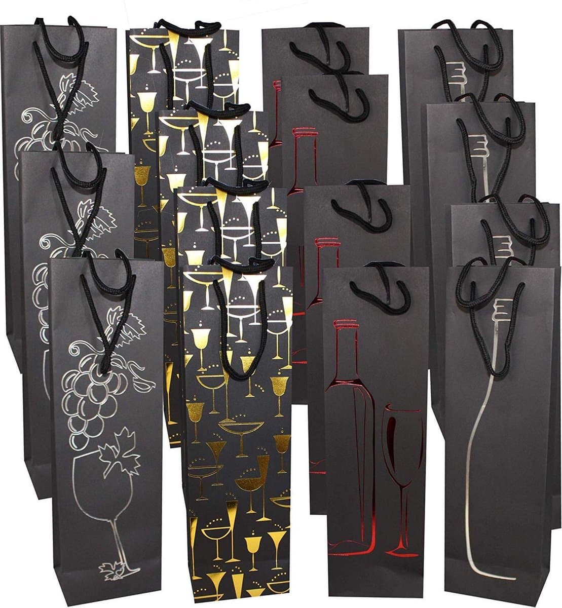 MATANA 15 Cadeauzakjes voor Wijn, Zwart met Elegante Motieven - Geschenktasjes, Geschenkverpakking - Flessen Cadeau Verpakking voor Kerstmis, Verjaardagen, Feesten (35x13x9cm) (EAN: 5060630690434)