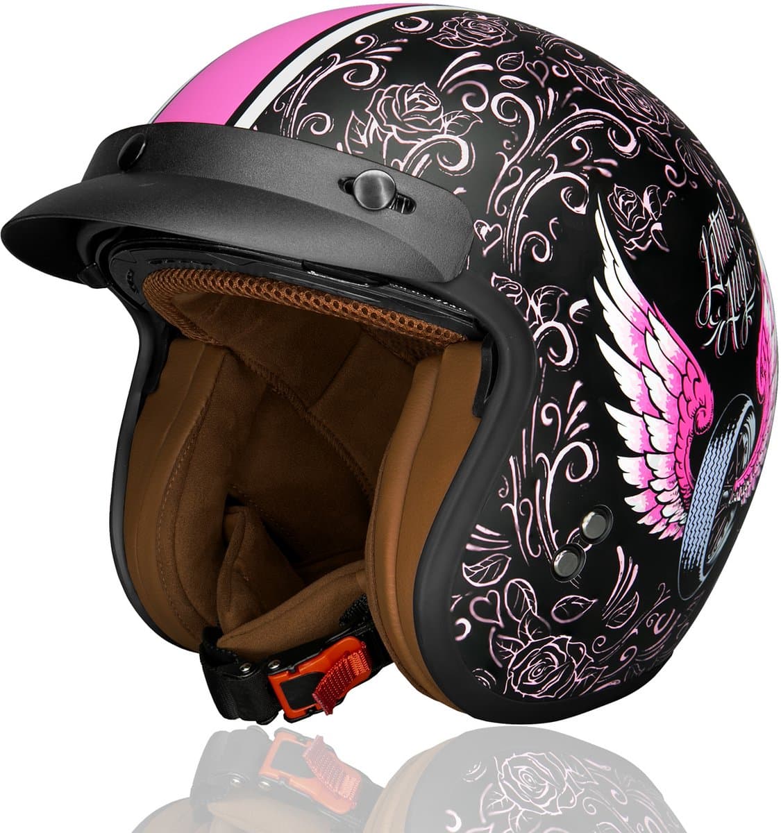 HSWHEEL Jethelm met UV-beschermend Vizier | Wasbaar & Verstelbaar | Scooterhelm & Motorhelm & Brommerhelm | Voor Heren & Dames | ECE 22.06 Goedgekeurd | Vintage Stijl | Zwart/Roze – L (EAN: 6973678790181)