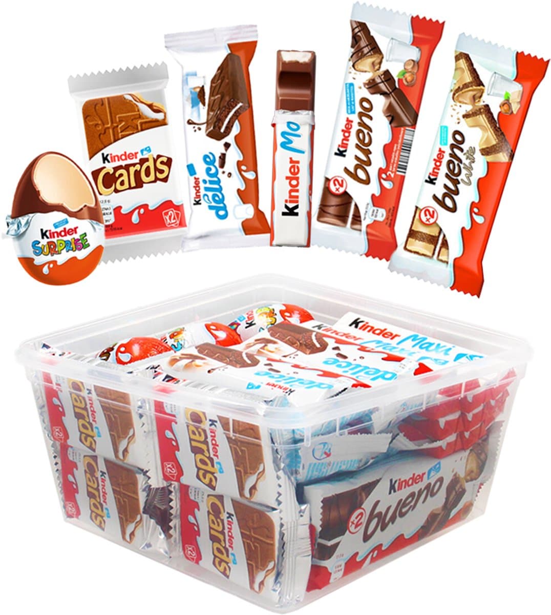 Kinder chocolade mix in herbruikbare partybox - Kinder Bueno melk & wit - Kinder Surprise - Kinder Delice - Kinder Maxi - Kinder Cards - 899g (EAN: 5404038666118)
