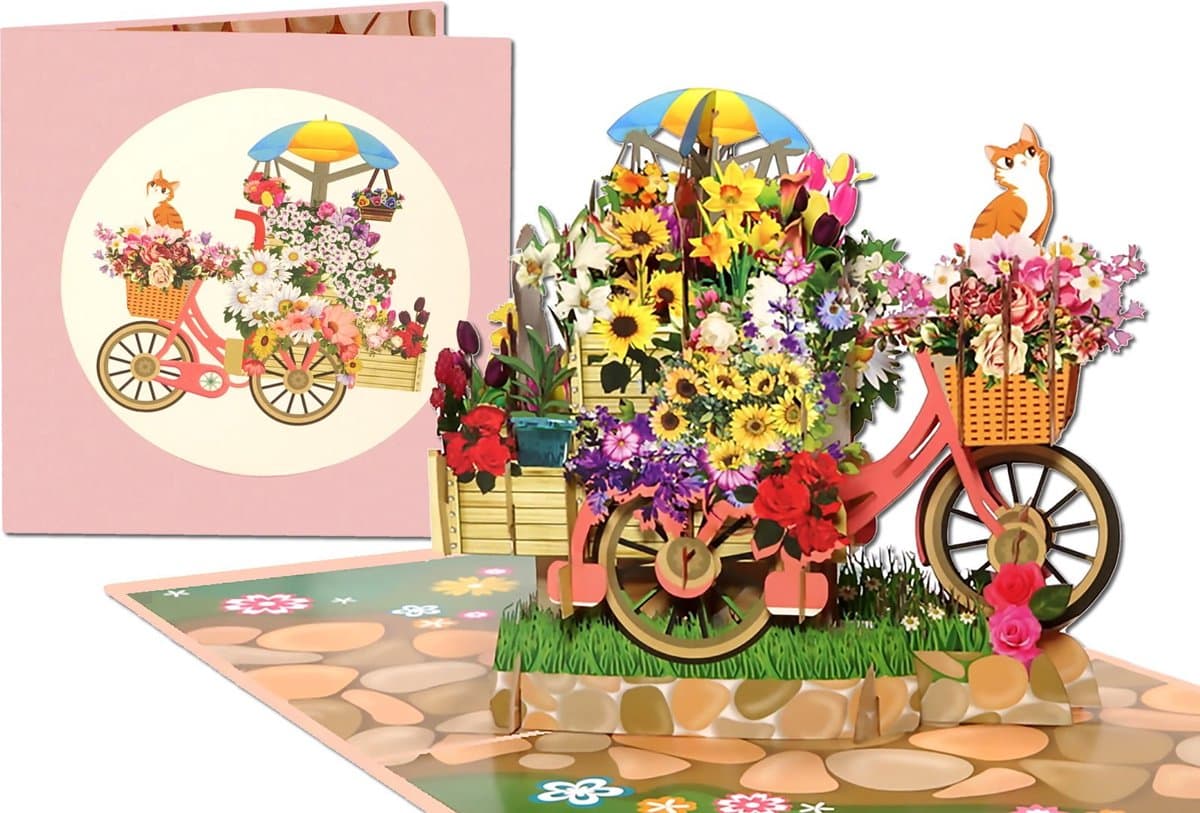 Popcards popupkaarten - Wauw! Vrolijke fiets vol bloemen, met hond en poes Bloemist Bloemenkraam Driewieler pop-up kaart 3D wenskaart (EAN: 8785253684857): Een pop‑up die echt opkomt (letterlijk)