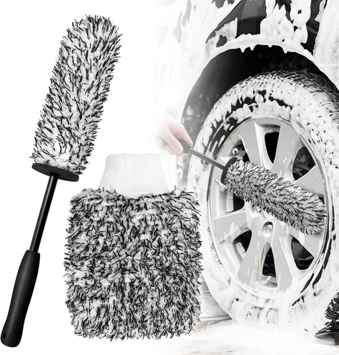 Velgenborstel - Autowielborstel Met Autowashandschoen - Microvezel Velgenborstel - Bandenborstel - Wheel Brush - Velgen Reiniger - Auto velgen borste - Autowielreinigingsborstel - Afneembare - Auto Borstel - Autoreinigingsset - Zwart (EAN: 9197272...