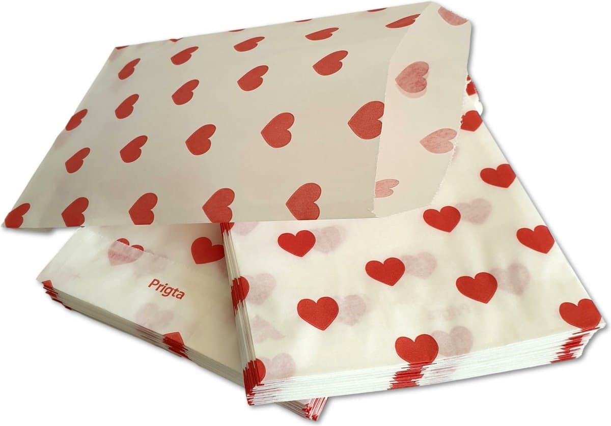 Prigta - Papieren zakjes - 100 stuks - 10x16 cm - wit met rode hartjes - 40 gr/m2 / cadeauzakjes (EAN: 8720682330739)
