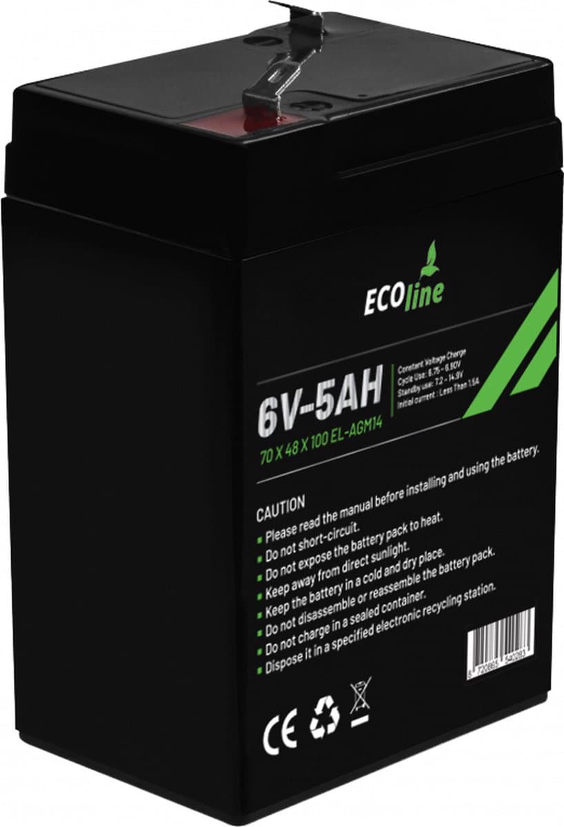 EcoLine - AGM 6V 5AH - 5000mAh VRLA Batterij - 70 x 48 x 100 - Deep Cycle Accu. (EAN: 8720865540283)