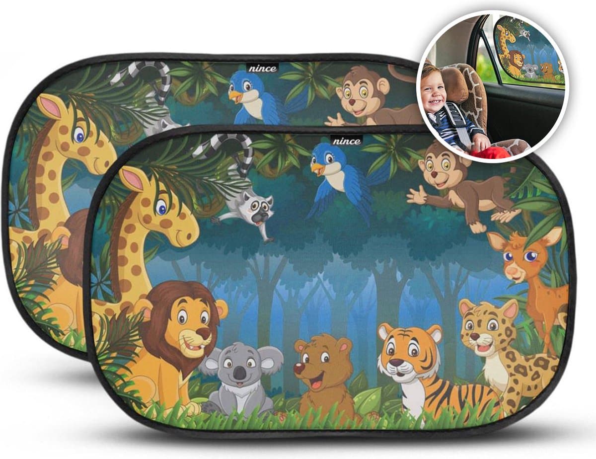 Nince Zonnescherm Auto Zijruit – Set van 2 – 51x31 cm – Extra Donker Zonnescherm Auto Baby – Met UV Protectie voor Kind & Baby – Zelfklevende Zonwering Auto – Jungle– Autoaccessoires (EAN: 8720254532578)