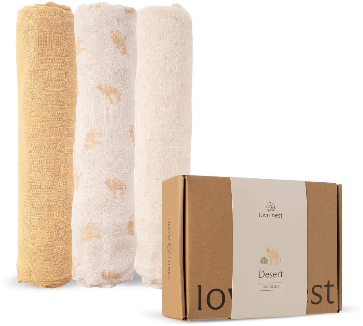 Love Nest Hydrofiele Doeken Desert – 120x120 cm – Set van 3 – Tetradoeken Baby – Ultra Zacht & Absorberend – Voor Jongens en Meisjes – Kraamcadeau (EAN: 8721249709005)