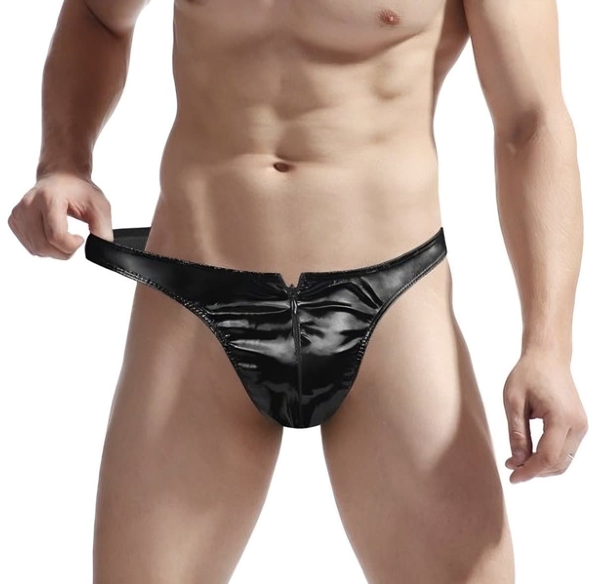 Latex Look Heren Slip - Met Rits - String Glossy Zwart - Elastisch - Sexy Design - Mannen String - One Size (EAN: 8785290582659)