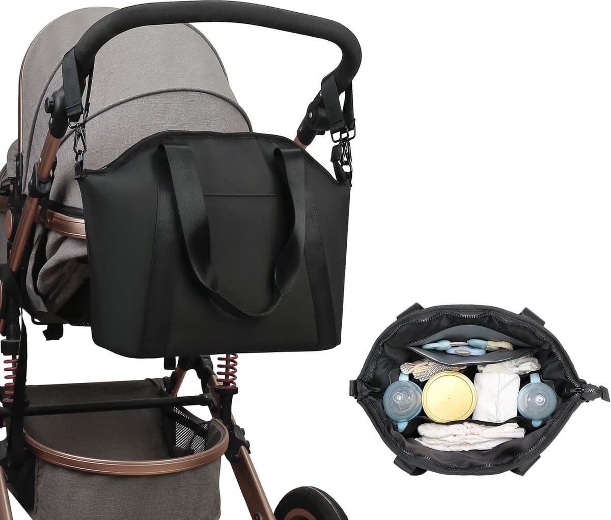 Luiertas Tote - Waterdichte Opbergtas - Luiertas voor Kinderwagen - Organizer voor Reisbenodigdheden voor Baby's - Luiertas van PU Leer met Isolatie - Zwart (EAN: 6117918656664)