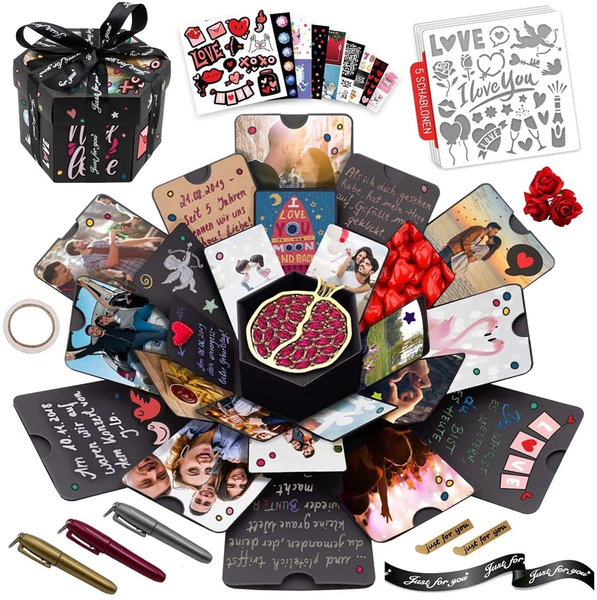 int!rend XXL Explosie Doos DIY Fotoalbum met 5 Stencils - Gepersonaliseerde Gift Gegeugendoos voor Speciale Gelegenheden - Creatief Verjaardags- of Huwelijkscadeau (EAN: 4260654230048): Wat is dit product precies