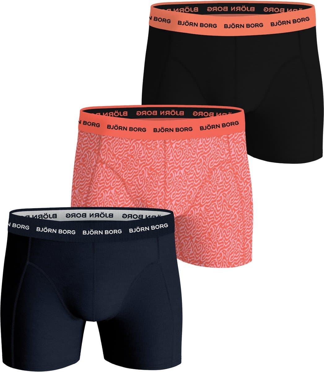 Björn Borg Cotton Stretch boxers - heren boxers normale lengte (3-pack) - zwart - oranje dessin en donkerblauw (EAN: 7321465919601)