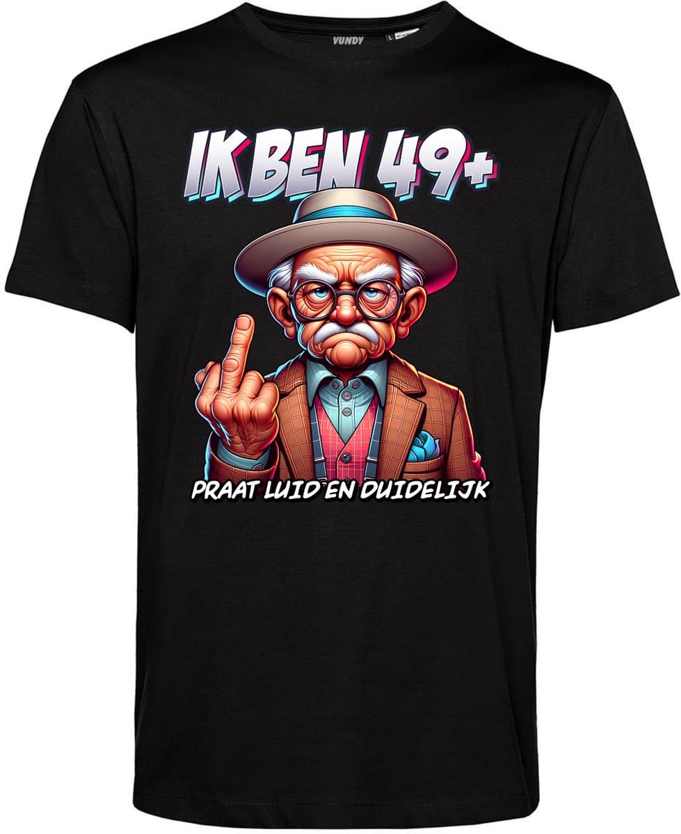 T-shirt Ik ben 49+ | 50 Jaar Verjaardag Shirt – Abraham 50e Verjaardag – Cadeau voor Man of Vrouw | Zwart | maat L (EAN: 8721057235406)