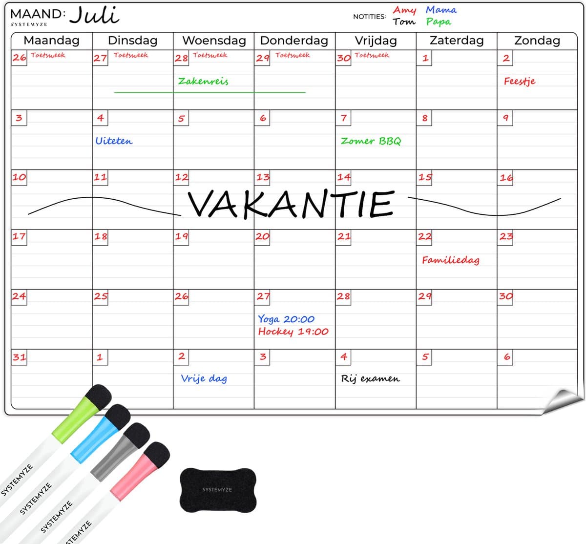 Systemyze Maandplanner Whiteboard – Magnetisch Planbord – Magnetische Weekplanner – Inclusief Markers & Wisser – A3 Formaat (EAN: 8720865582245)