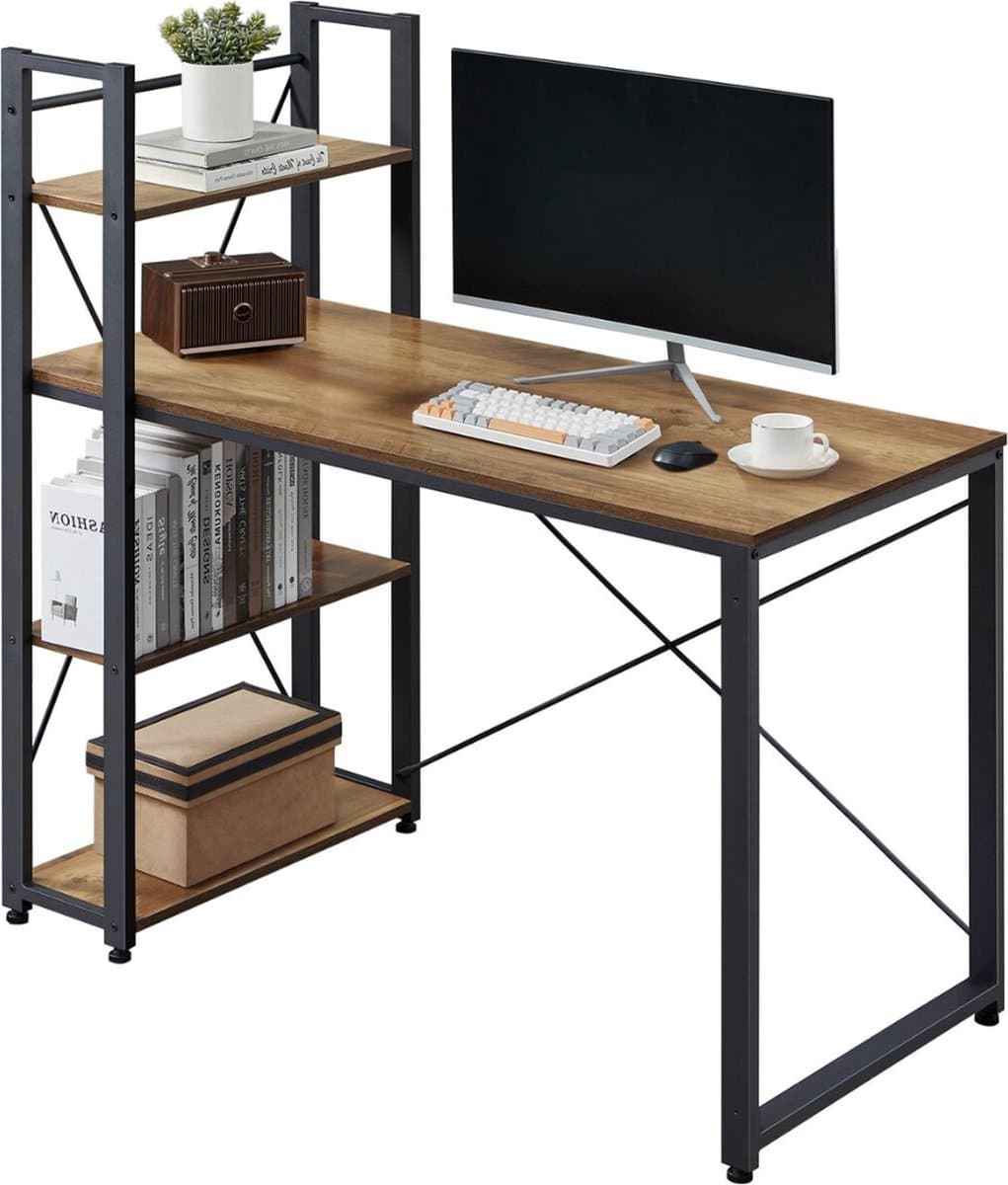 O'DADDY® Bureau met Verstelbare Voeten - Bureautafel - Computertafel - Game Bureau - Gaming Desk Klein - Bureaublad Meubel - 120 x 60 cm - Boekenrek - Computerbureau - Bruin (EAN: 8718657950129)