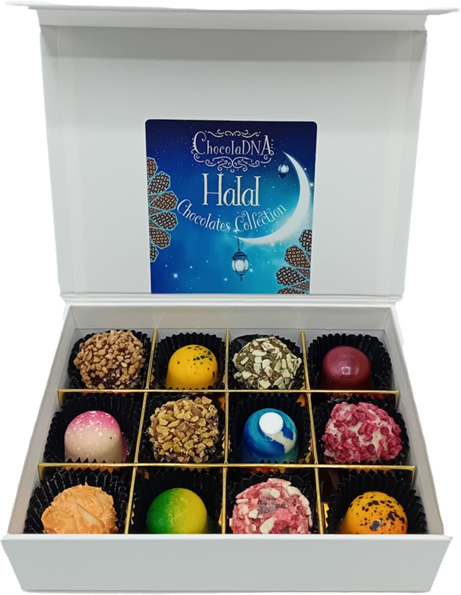 HALAL-chocoladebox-12 Truffels & Bonbons-Suikerfeest-Ambachtelijke chocolade_Luxe bonbons_Chocolade cadeau_Geschenkdoos chocolade_Vegan chocolade_Pralines_Verjaardag_Moederdag_Vaderdag_Valentijn_Vegatarisch_Suikerfeest_Ramadan_Eid (EAN: 8721249611...