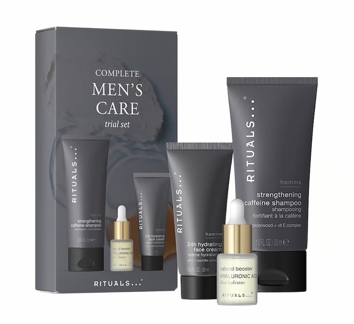 Rituals - Skincare Set voor Mannen - Hydraterende Gezichtscrème 20 ml + Natural Booster Serum 6.5 ml + Shampoo 50 ml - Giftset Man - Geschenkset - Cadeaudoos - Cadeauset - Cadeaus Heren - Dagcrème - Creme - Gezichtsverzorging - Homme Producten (EA...