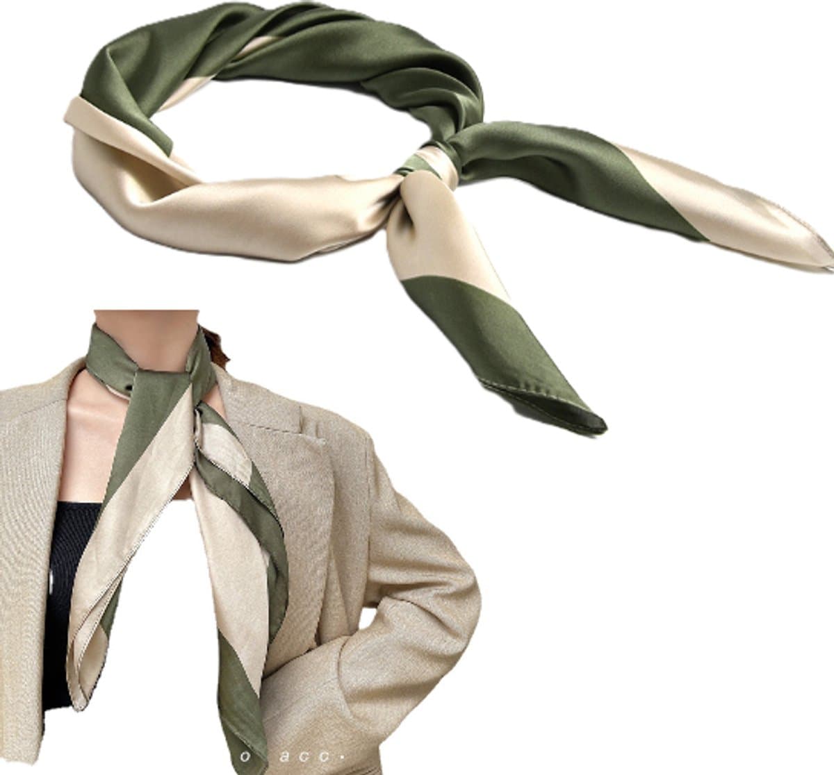 Zijden sjaal - Groen Beige - Sjaaltjes dames klein - Neksjaaltje dames – Neksjaal - Vierkant zijden sjaaltje - Elegante halsdoek – Halsdoek – LOUZIR (EAN: 8721352996842)