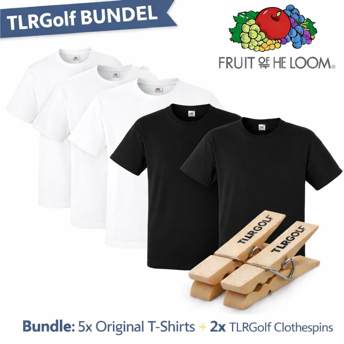 5 Pack Fruit of the Loom Original Heren T-Shirt 100% Katoen Ronde Hals - Maat L (WIT/ZWART) Inclusief 2 TLRGolf Wasknijpers (EAN: 8721154970705): Waarom een 5‑pack
