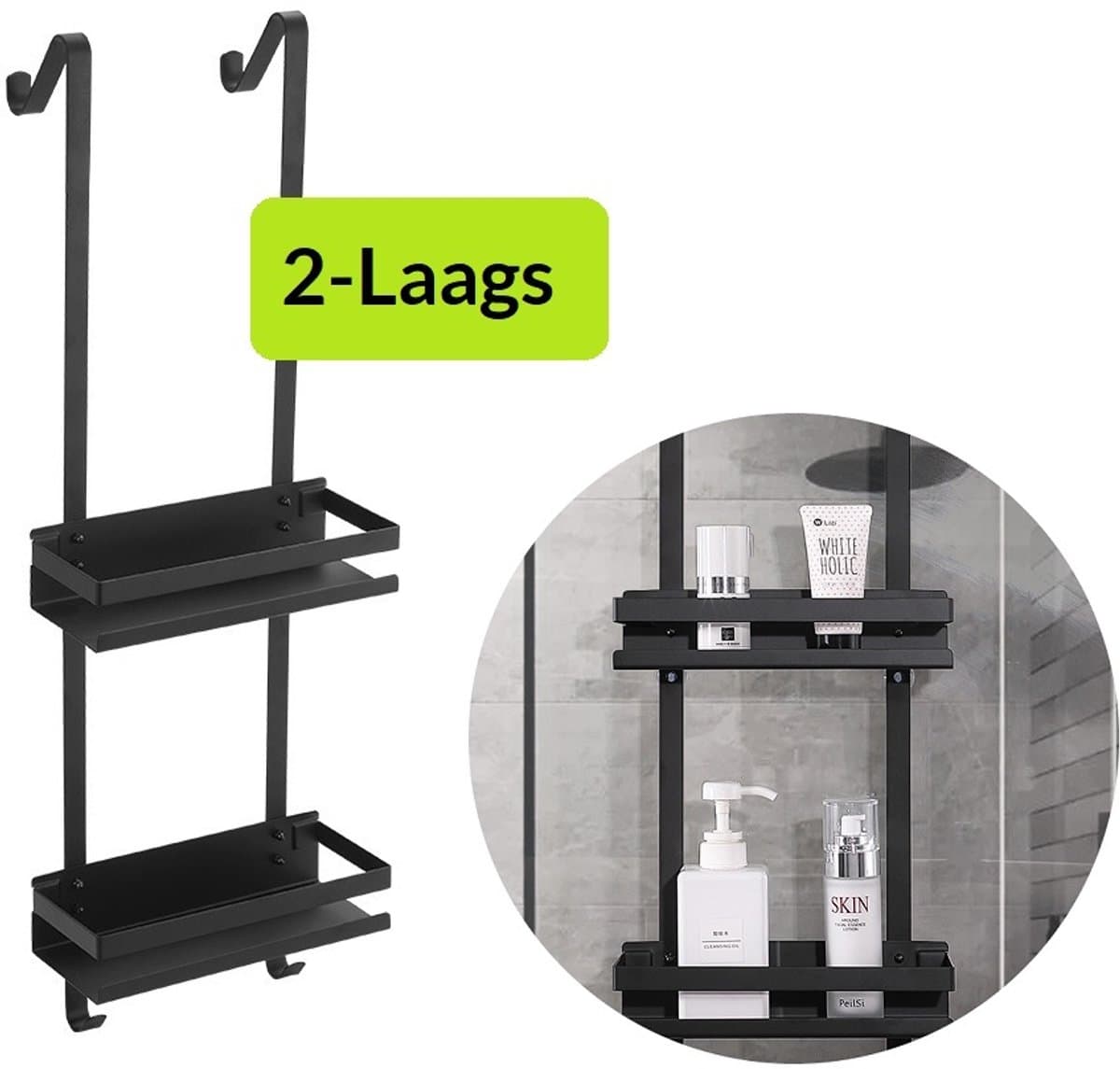 Doucherek Zonder boren - Zwart - 2-Laags Doucherekje - Hangend aan Douchewand (EAN: 8720297760198): Geen gaten, geen stress 🛠️