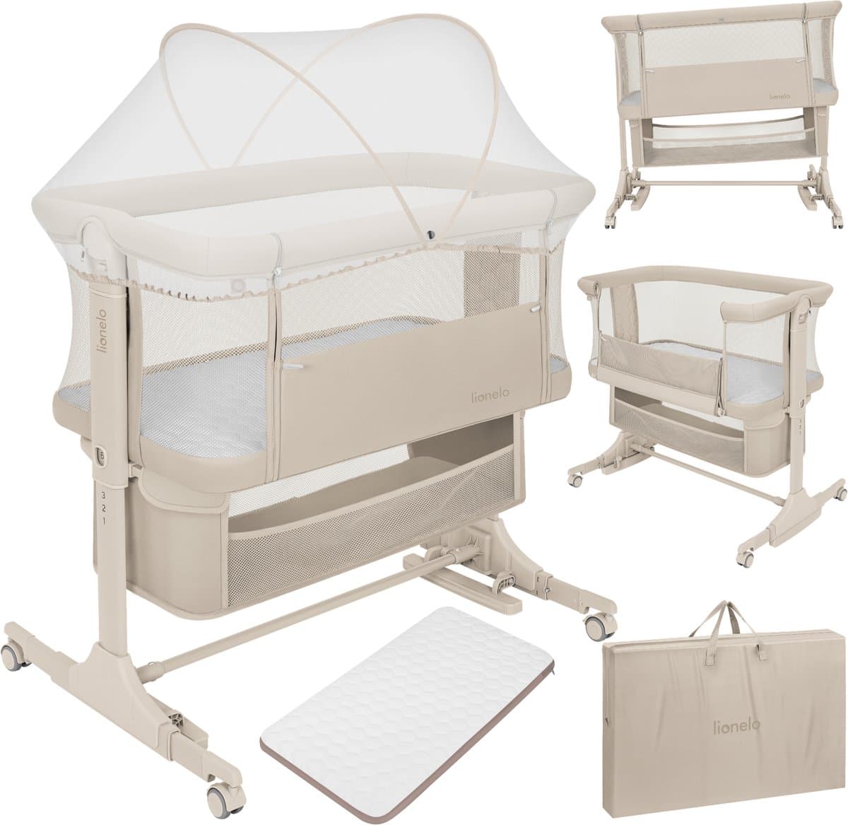 Lionelo Jodie 3in1 Wieg – Aanschuifbed, Vrijstaand Bedje & Schommelwieg – Co sleeper - 6 Hoogtestanden – T25 Matras – Neerklapbare Zijde – Inclusief Klamboe & Mand (EAN: 5903771727686): Wat is dit ding nou precies