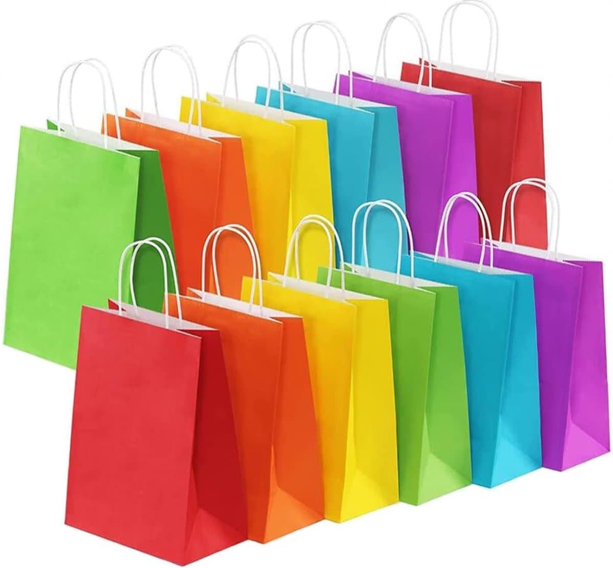 50 x Gekleurde papieren cadeautasjes 18x8x22cm– mixdoos geel blauw paars groen roos rood Kraft Tasjes Met Handvat - Zakjes (EAN: 5407008944483)