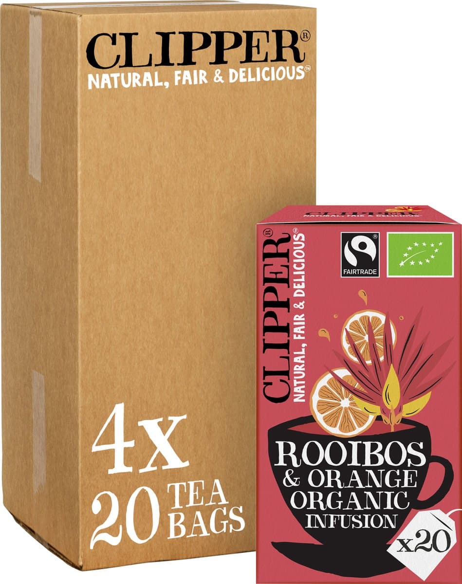 Clipper Thee Rooibos Orange - sinaasappel infusie biologisch en fairtrade - 4 x 20 stuks (EAN: 5021991973925)