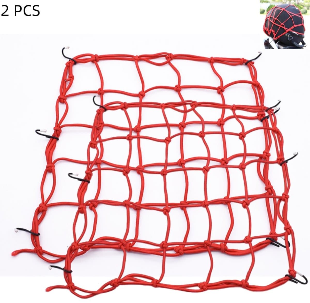 2 stuks - Elastisch bagagenet voor motorfietsen - Bagagenet - met 6 verstelbare metalen haken - geschikt voor motorfietsen, fietsen en ATV's - geschikt voor het vastzetten van helmen en bagage - rood - 40×40cm (EAN: 7841940157293): “Ik heb er supe...