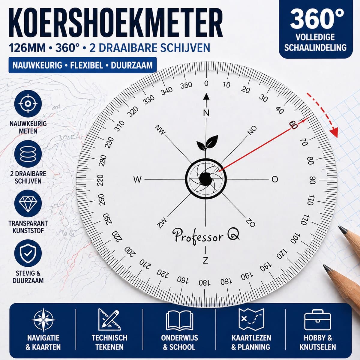 Koershoekmeter 126mm – 360° Graden – 2 Draaibare Schijven – Transparant Kunststof – Navigatie & Meetinstrument (EAN: 8720634751803): Waarom deze Koershoekmeter