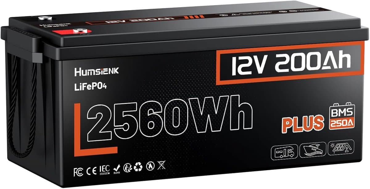 Humsienk LiFePO4 12V 200Ah Plus – Hoogwaardige Lithium Batterij voor Camper, Boot en Off-Grid Systemen met 250A BMS, 3200W Continu Vermogen, IP65 Bescherming en 6000+ Levenscycli (EAN: 4255891702649)