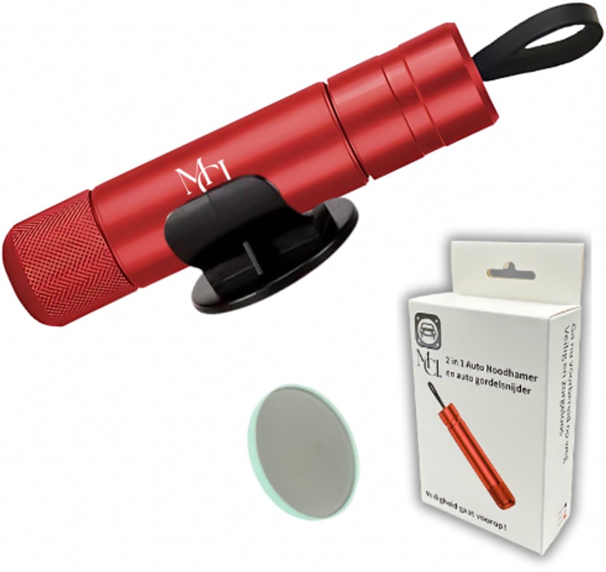 MCI® - Veiligheidshamer - Noodhamer - 2 in 1 Safety Hammer & Gordelsnijder - Inclusief Testglas & Zelfklevende Houder - Rood (EAN: 8720892362704)
