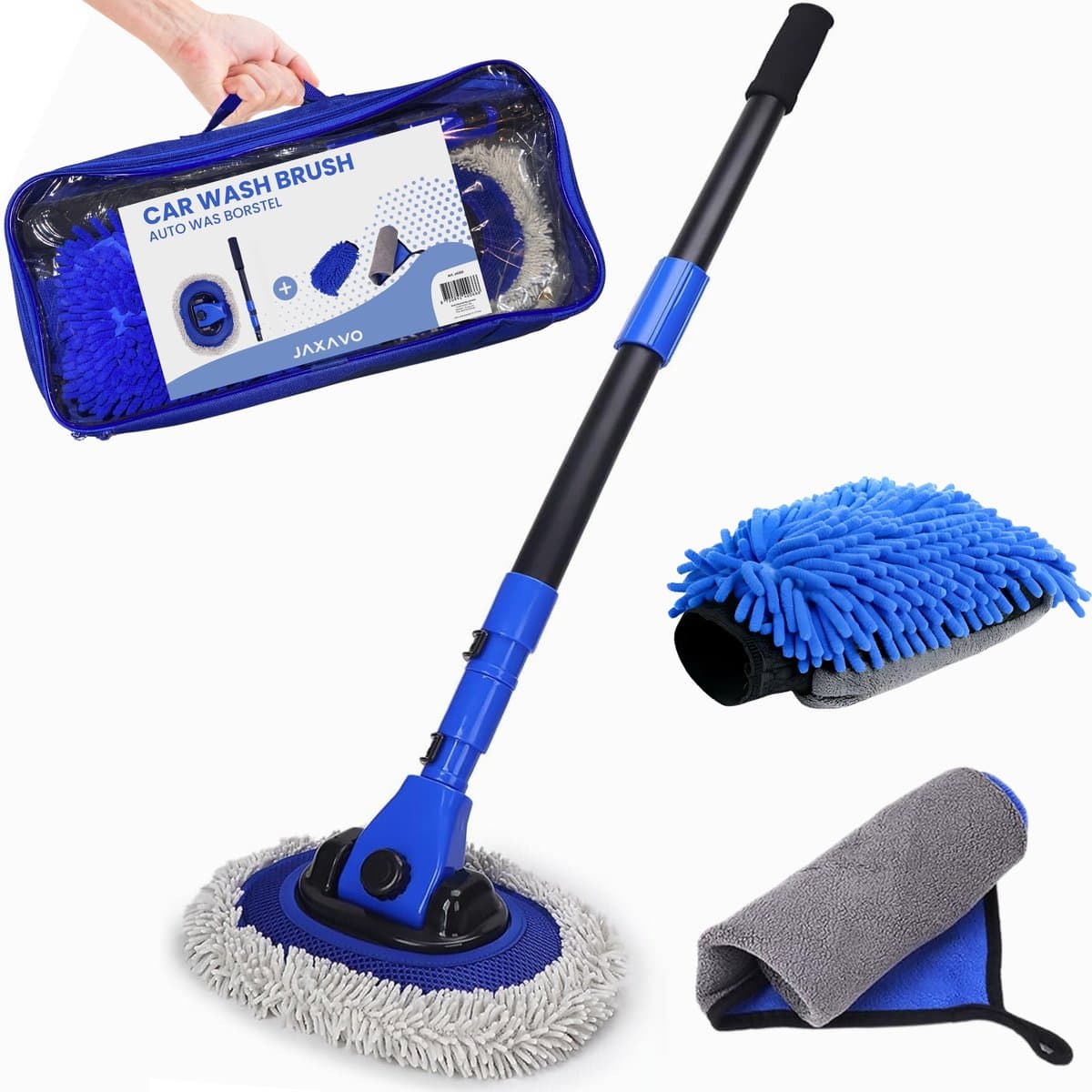 Jaxavo Autowasborstel - Telescopische wasborstel - Incl. Washandschoen en Poetsdoek - Uitschuifbaar tot 110 cm - Universeel (EAN: 8720892400666)