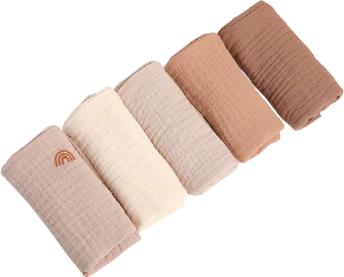 5 Stuks - Hydrofiele Baby Wasdoekjes - babywashandjes - Spuugdoekjes - Monddoekjes met Lusje - Aardetinten - 23x23 cm (EAN: 8721042724007)