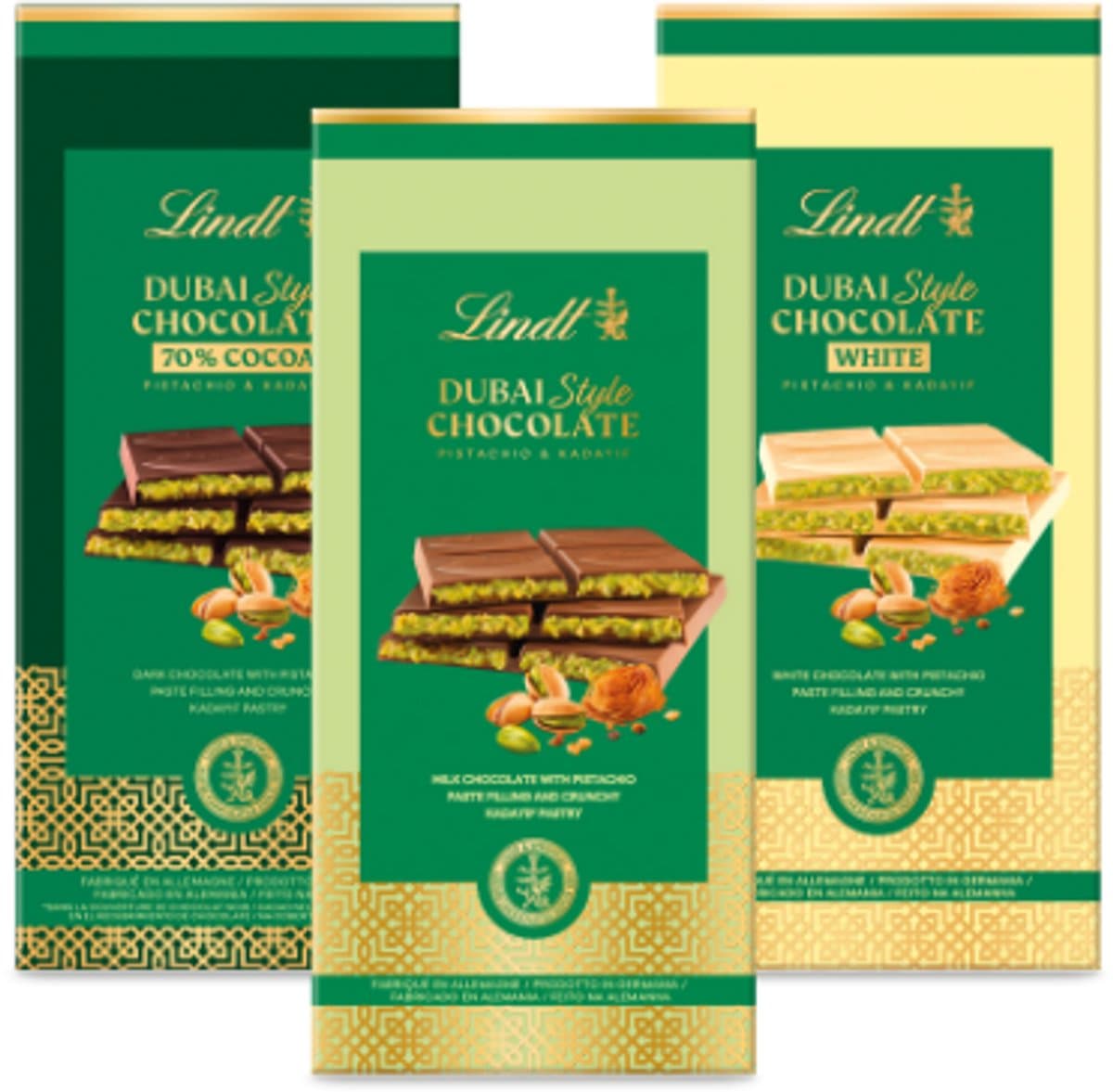 Lindt DUBAI STYLE Melkchocolade, Witte chocolade & Pure chocolade 3-pack 435g - Unieke smaken Dubai Style chocolade - 3 varianten - Premium Cadeau - Pistache (EAN: 8720098001155)
