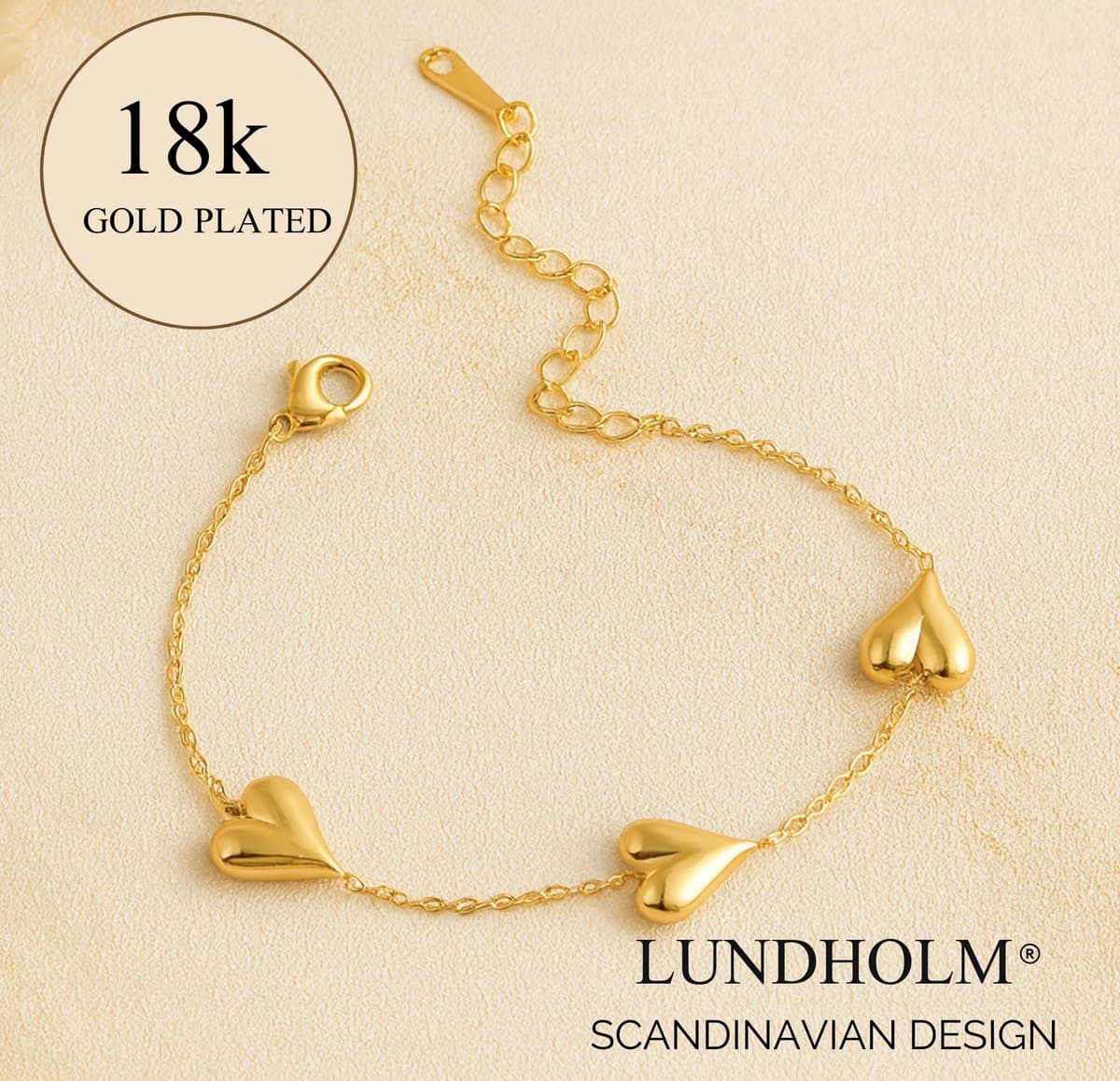 Lundholm Luxe Premium Stainless Steel Gold Plated 18K Goudkleurige Armband Dames Hartjes - Lise Serie - Vrouwen Cadeautjes Cadeau voor Vrouw tip Afscheid Verjaardag Bedankt Cadeau - Scandinavisch Design (EAN: 8721001442249): Wat is die Lundholm Lu...