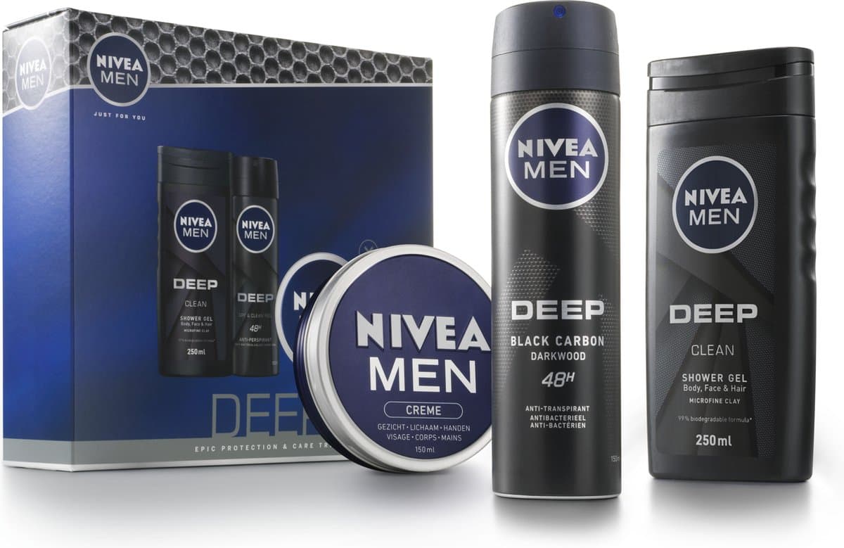 NIVEA MEN Deep Geschenkset Mannen - Cadeauset Douchegel, Deodorant en Crème - Cadeau Verjaardag Man - Vaderdag cadeau (EAN: 4005900872838): Wat zit er in de doos