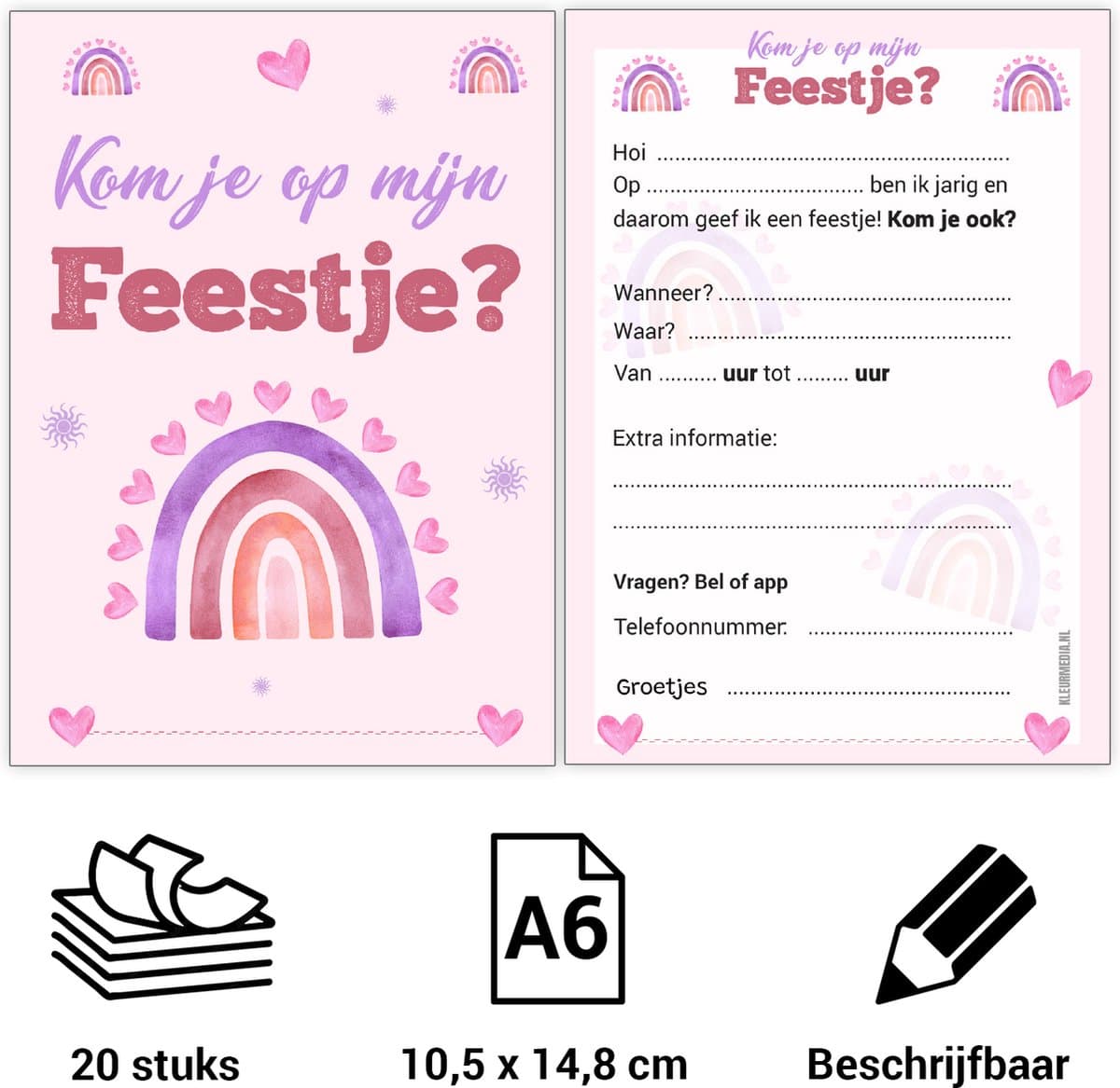 Uitnodiging kinderfeestje - Voordeelset 20 stuks - Thema Roze regenboog - Beschrijfbaar - Uitnodigingskaarten - Uitnodiging verjaardag - uitnodiging verjaardag feest - Uitnodiging kinderfeestje Jongen of Meisje - Uitnodiging feestje - uitnodiginge...