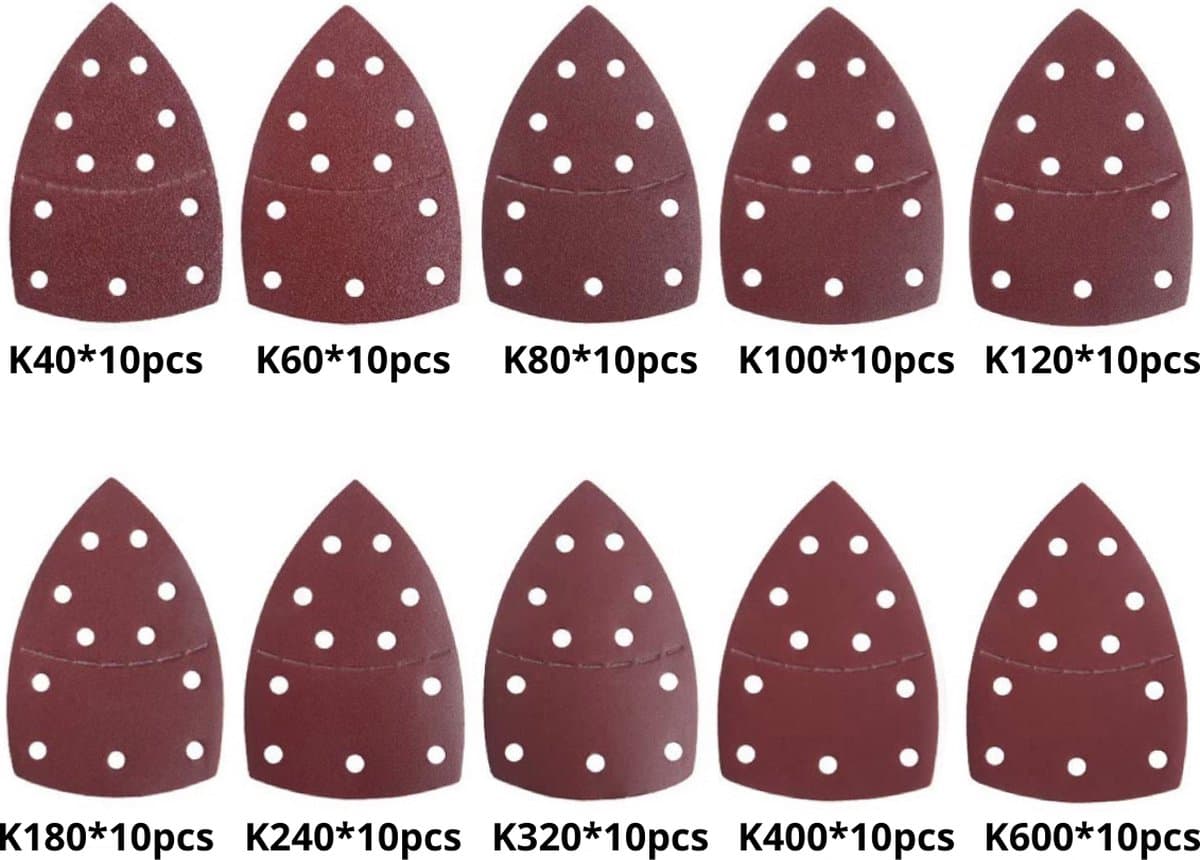 Schuurpapier - Driehoek - 100 stuks - Schuurschijven - Voor schuurmachines - 5 gaten - 140 x 98 mm - Klittenbandbevestiging - K60/80/100/120/180/240/320/400/600/K800 (EAN: 8720955214353): De zoektocht naar het juiste papier