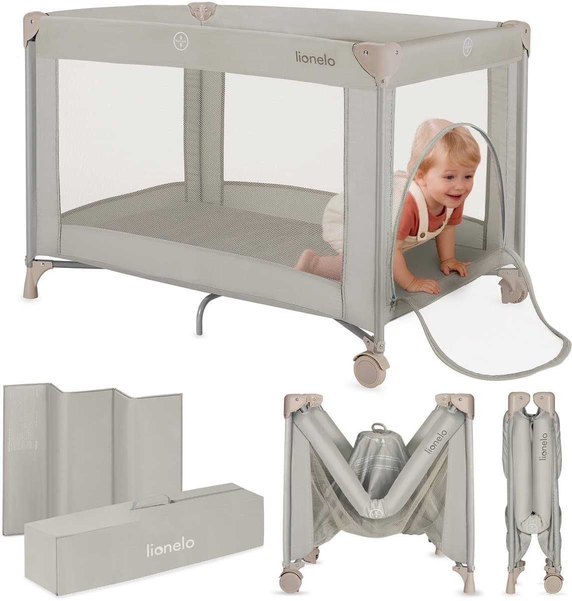 Lionelo Amelie Campingbedje 3in1: Baby bed + Reisbedje + Box – met Comfortabele Matras – Compact en Licht – Zij-ingang – Reistas – 70x100 cm (EAN: 5903771724883)