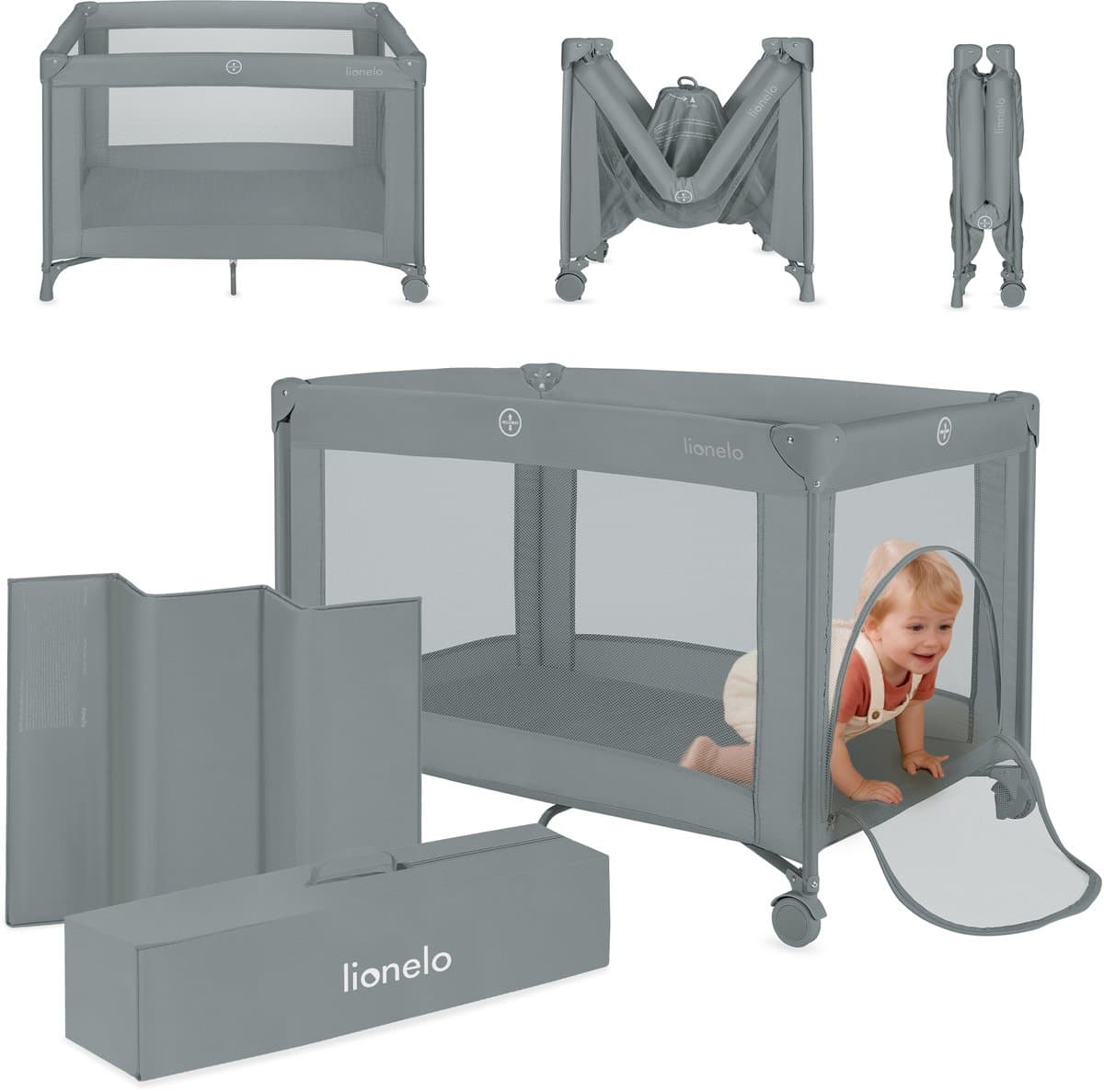 Lionelo Amelie Campingbedje 3in1: Baby bed + Reisbedje + Box – met Comfortabele Matras – Compact en Licht – Zij-ingang – Reistas – 70x100 cm (EAN: 5903771724890)