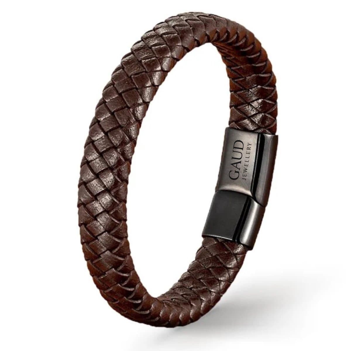 Leren Armband Heren - Gevlochten Bruin Leer - 21 cm - Zwarte RVS Sluiting - Stoere Herenarmband - Perfect als cadeau (EAN: 8721398123219)