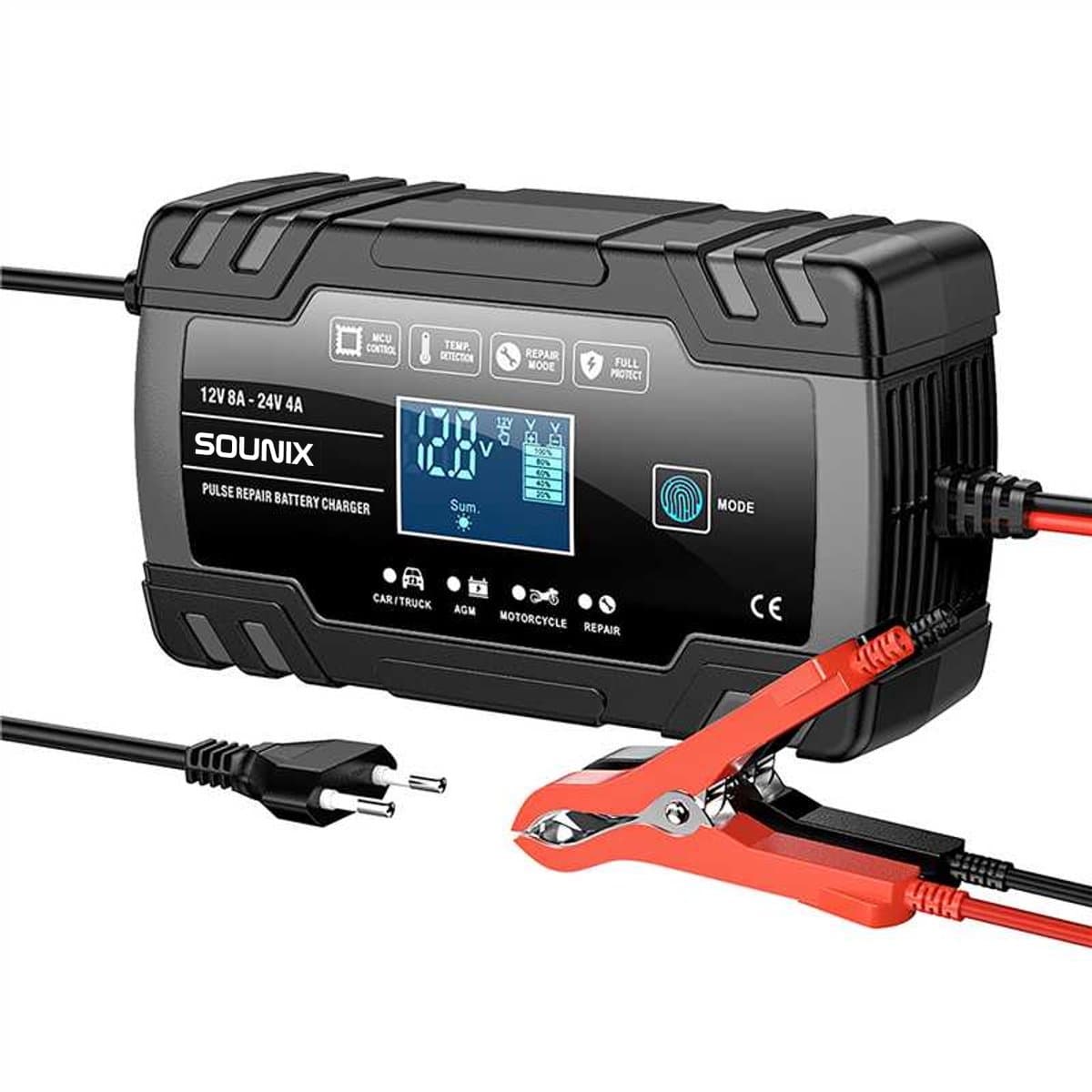 Sounix Acculader - 12/24V - 8A/4A - 96W - Accu Lader voor Auto / Motor / Scooter / Boot / Camper - Zwart (EAN: 8721049734917)