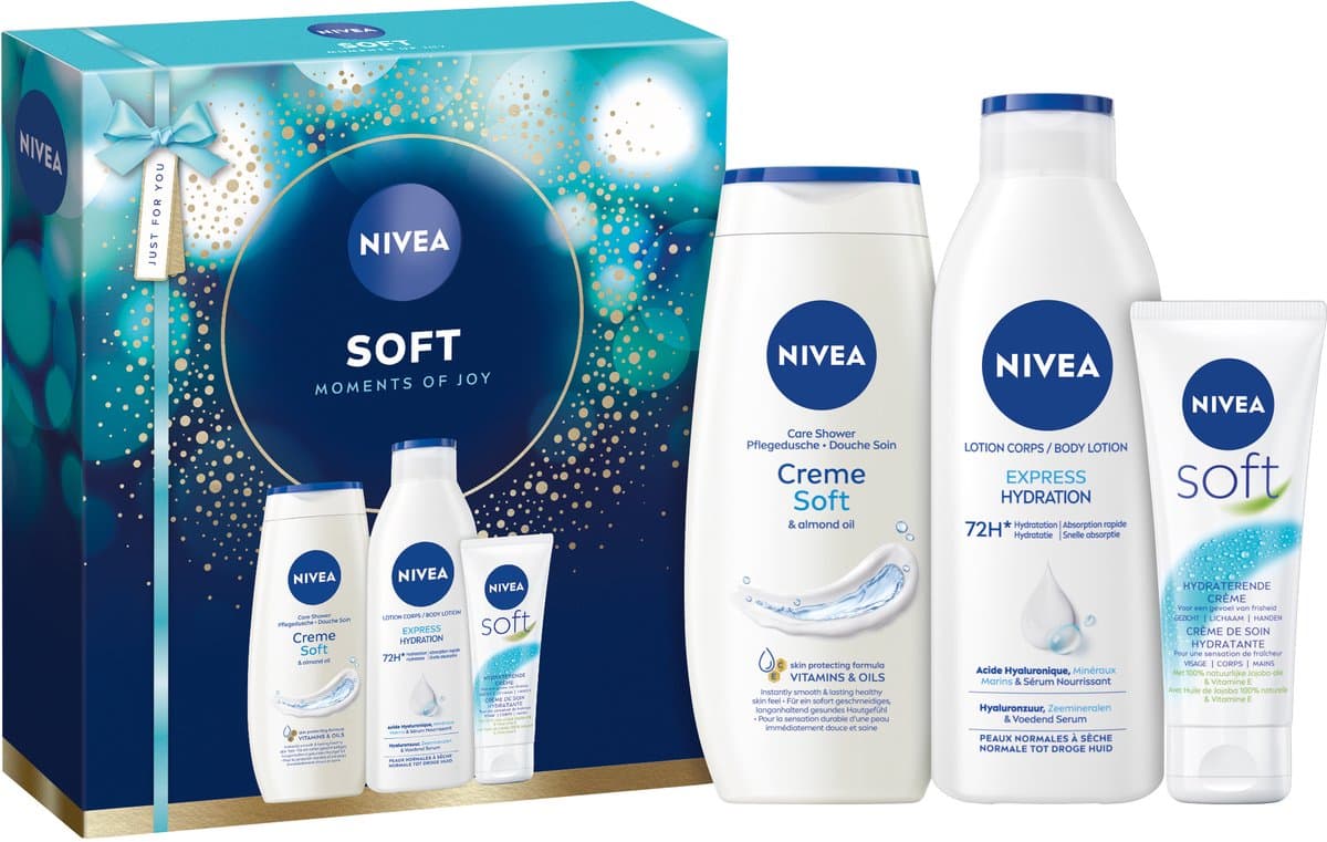 NIVEA Soft Moments Geschenkset Vrouwen - Cadeaupakket met Bodylotion en Douchegel - Verjaardag Cadeau Vrouw - Moederdag cadeautje (EAN: 4006000210469)