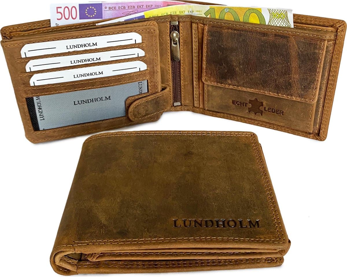 Lundholm leren portemonnee heren leer bruin hunter leer - portefeuille heren - hoogwaardig leer in compact, dun formaat - cadeautje voor hem cadeau voor man mannen cadeautjes (EAN: 8720165870622)