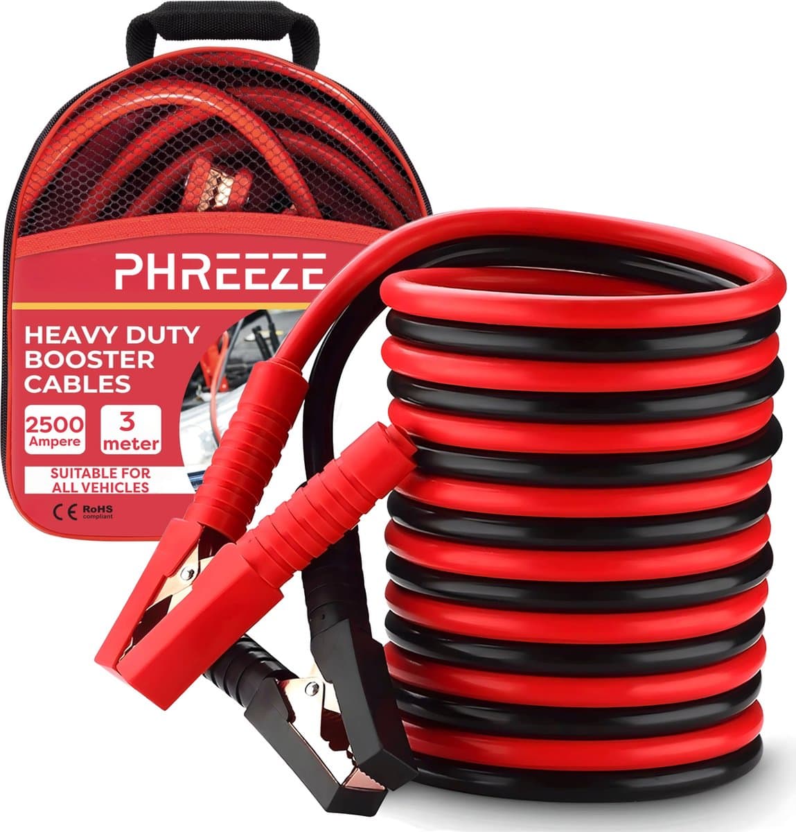 Phreeze Startkabels voor Auto, Vrachtwagen, Bus en Boot - 2500A - Extra Dikke Startkabel 35 MM2 - 3 Meter - Met Opbergtas - Starthulp - Startkabelset voor Benzine, Diesel, Hybride (EAN: 8720688340619)