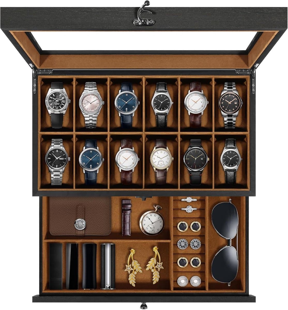 Uten 2 Niveaus Houten Horloge Doos - Horlogebox - Geschikt voor 12 Horloges - Sieradendoos - Brillendoos - Zwart en Bruin (EAN: 6974692055829)