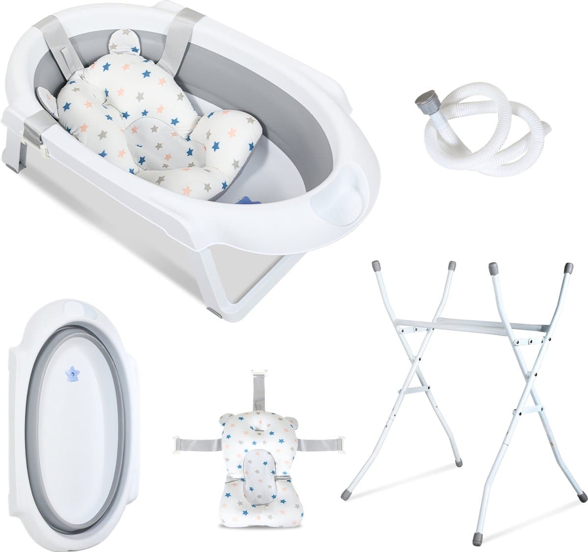 Babybadje Opvouwbaar - Babybad met standaard - Peuterbadje - Opvouwbaar bad kinderen - Incl Badkussen - Grijs (EAN: 9178524796622): 1. **Tot de verzen opvouwbaar**