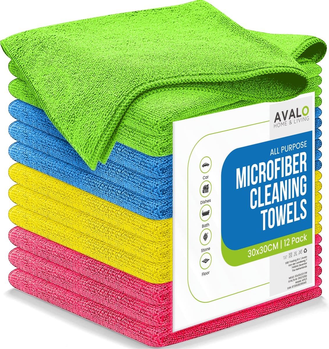 Avalo Microvezeldoekjes - 12 Stuks 30 x 30 cm - Wasbaar - Schoonmaakdoekjes - Schoonmaak / Auto (EAN: 8720828295045)