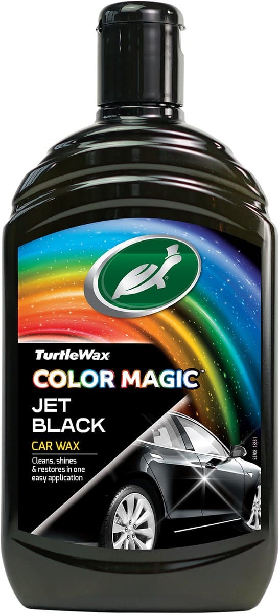 Turtle Wax Color Magic Jet Black Wax - Reinigt & geeft glans - Herstelt en voegt kleur toe - Camoufleert krasjes en doffe plekken – Geeft duurzame bescherming - Snel en gemakkelijk in gebruik – 500ml (EAN: 5010322783104)